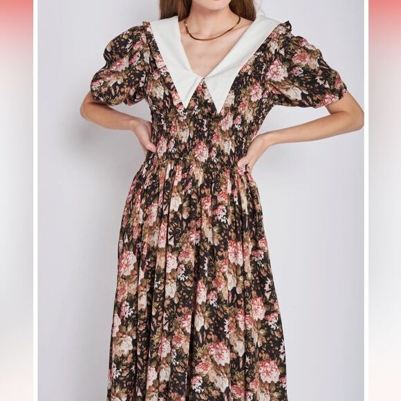 En Saison Kiko Midi Floral Print Retro V-Neck Short Sleeves Dress M NWT - Picture 5 of 8